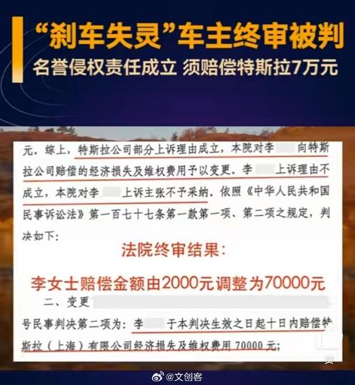 特斯拉车顶维权女车主二审改判赔7万车辆制动系统无故障