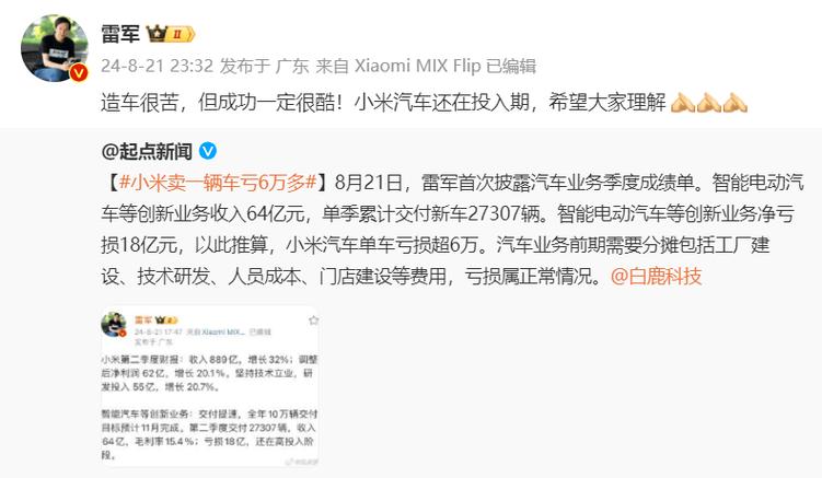 雷军回应小米卖一辆车亏6万多