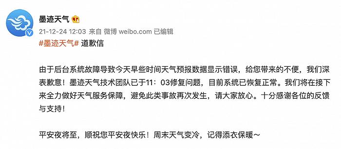 安徽巢湖气温零下55度。墨迹天气后台系统故障，已修复